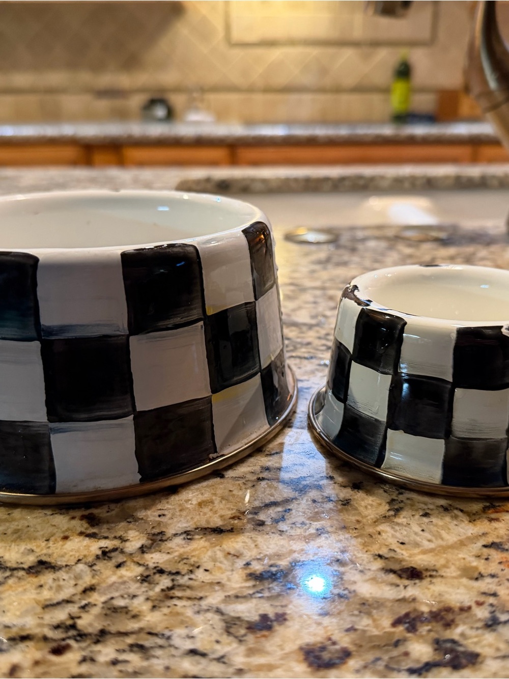 MacKenzie-Childs Black and White Checkerboard Ceramic Pet Bowl Set